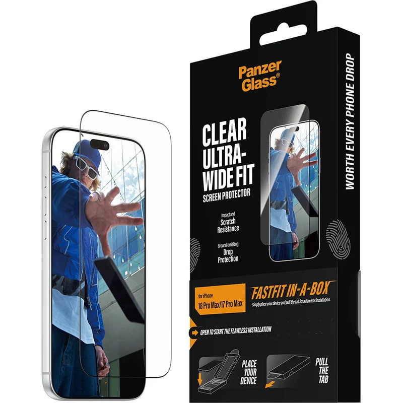 Gehärtetes Glas für iPhone 18 Pro Max / 17 Pro Max, PanzerGlass Ultra-Wide Fit mit Applikator FastFit