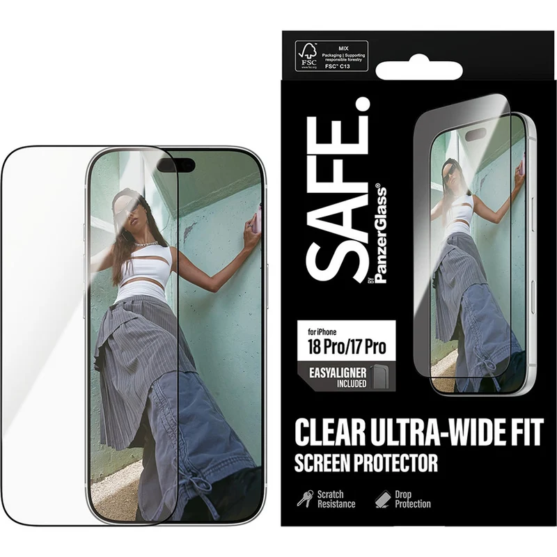 Gehärtetes Glas mit Applikator für iPhone 18 Pro / 17 Pro, SAFE by PanzerGlass Ultra-Wide Fit Easy Aligner