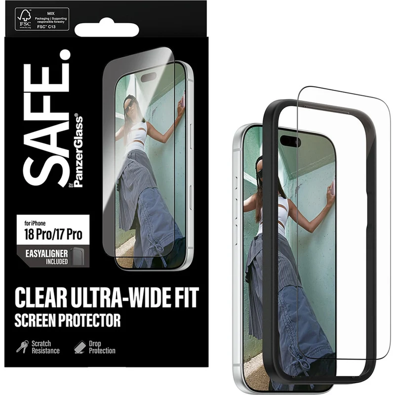 Gehärtetes Glas mit Applikator für iPhone 18 Pro / 17 Pro, SAFE by PanzerGlass Ultra-Wide Fit Easy Aligner
