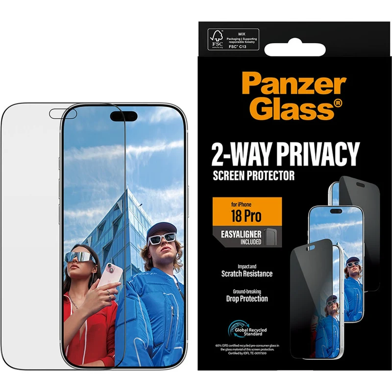 Sichtschutzglas mit Applikator für iPhone 18 Pro, PanzerGlass 2-Way Ultra-Wide Fit Privacy Plus EasyAligner