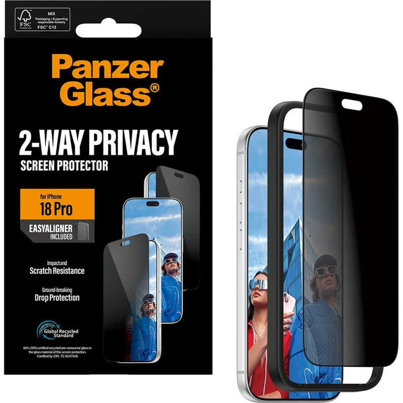 Sichtschutzglas mit Applikator für iPhone 18 Pro, PanzerGlass 2-Way Ultra-Wide Fit Privacy Plus EasyAligner