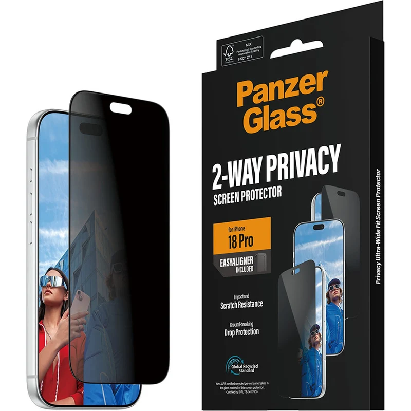 Sichtschutzglas mit Applikator für iPhone 18 Pro, PanzerGlass 2-Way Ultra-Wide Fit Privacy Plus EasyAligner
