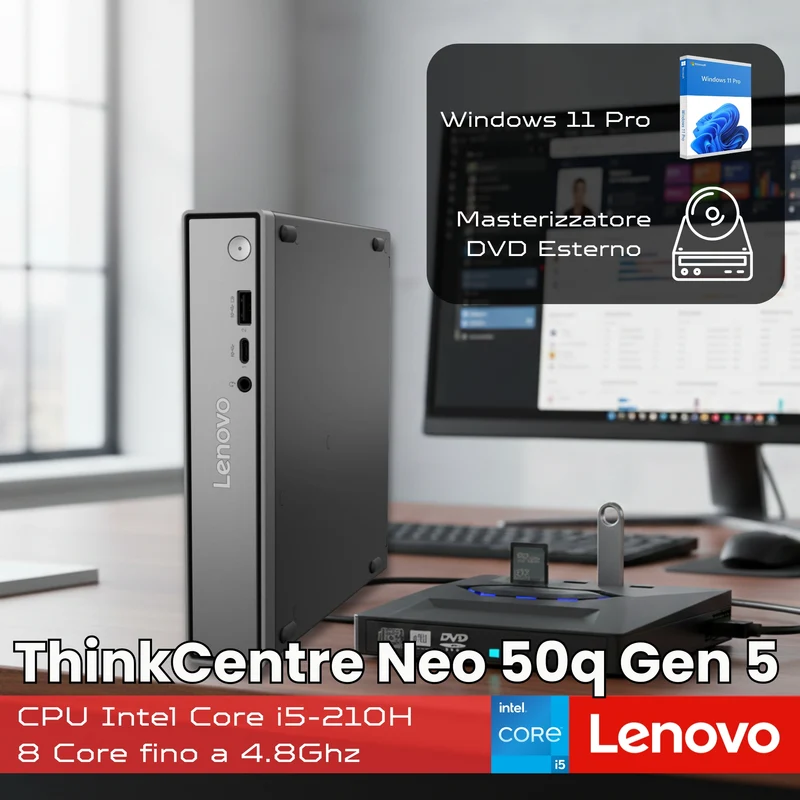 Lenovo ThinkCentre Neo 50q Gen 5 Tiny | Intel Core 5 210H | Ram 16GB DDR5 | SSD 512GB | Masterizzatore DVD HUB Esterno Windows 11 Pro | Prodotto Nuovo