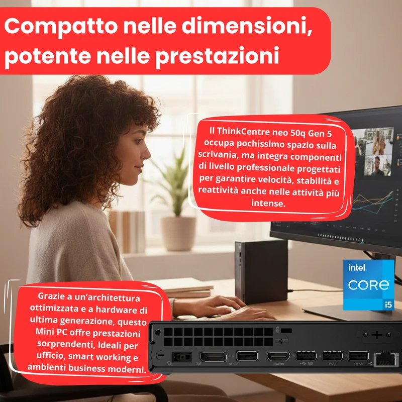 Lenovo ThinkCentre Neo 50q Gen 5 Tiny | Intel Core 5 210H | Ram 16GB DDR5 | SSD 512GB | Masterizzatore DVD HUB Esterno Windows 11 Pro | Prodotto Nuovo