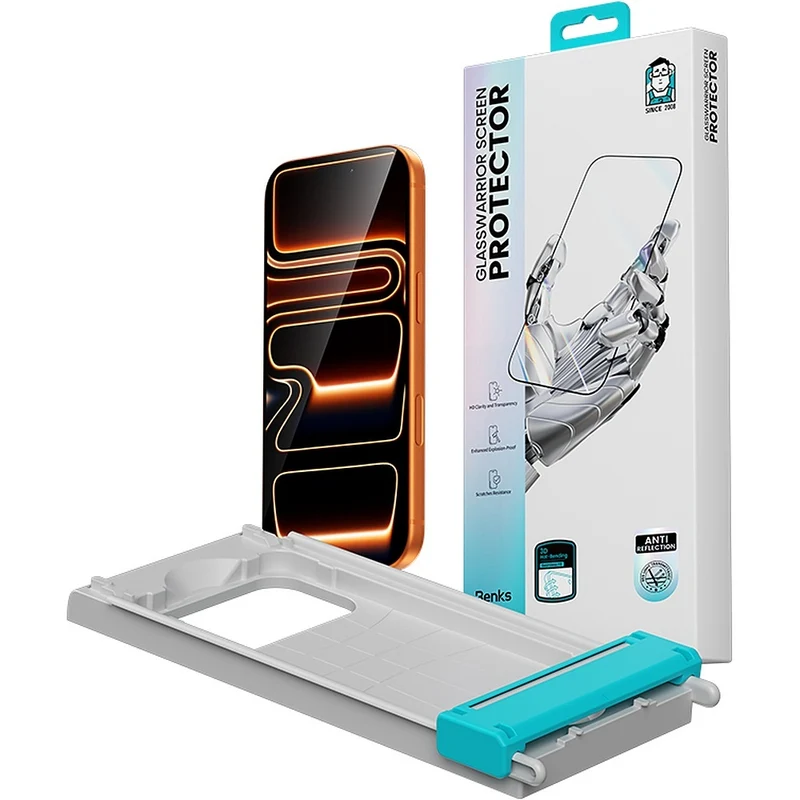 Displayschutzglas für iPhone 17 / 16 Pro, Benks Glass Warrior 2.0 AR-EZFita, Schwarzer Rahmen