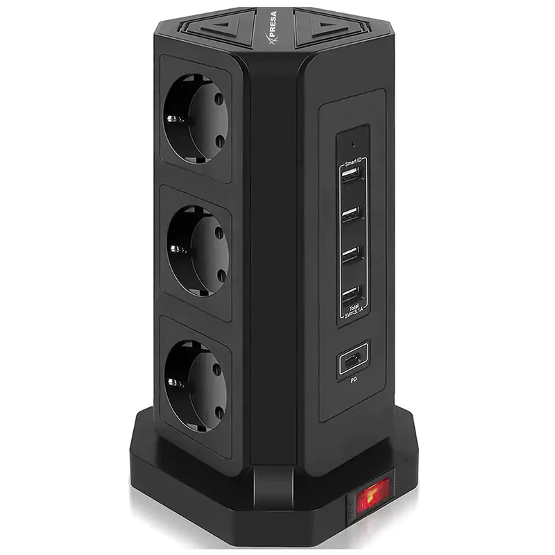 Apresa CP012 Multipresa a torre con 9 Prese Schuko 4 Porte USB ed 1 USB Type-C 2500W Il sistema perfetto per la tua postazione