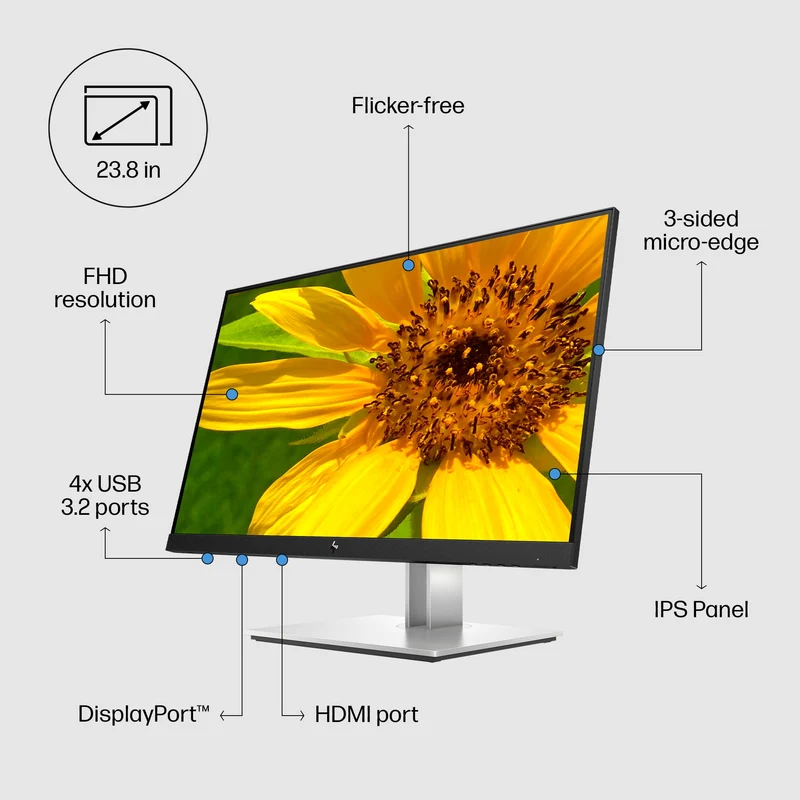HP E24 G4 Monitor 24" FullHD IPS Luminosità 250 cd/m² Tecnologia Flicker-free Tempo di risposta 5ms Hub USB | HDMI VGA Display Port