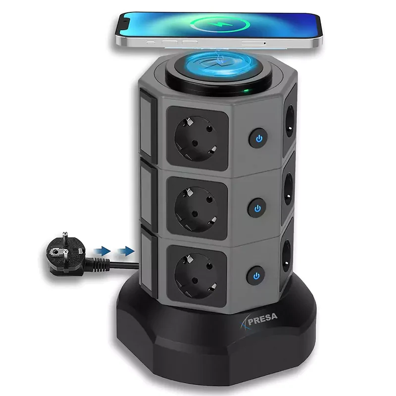 Apresa CP01W Multipresa a torre con 12 Prese Schuko 5 Porte USB ed 1 USB Type-C Ricarica Wireless 3680W Il sistema perfetto per la tua postazione