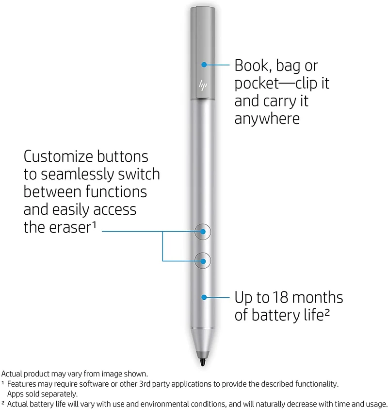 HP - PC Active Pen Penna Ottica per Scrivere, Disegnare, Navigare, Tecnologia N-trig, Punta di Precisione, Tasti Personalizzabili Perfetto per l'uso con HP Elitebook X360 1030 G3 e 2-in-1