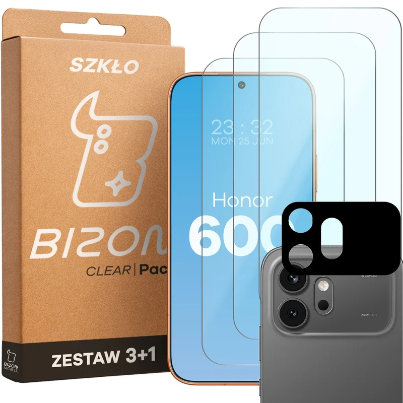 Gehärtetes Glas - 3 Stück + Kameraschutz für Honor 600 5G, Bizon Glass Clear Pack