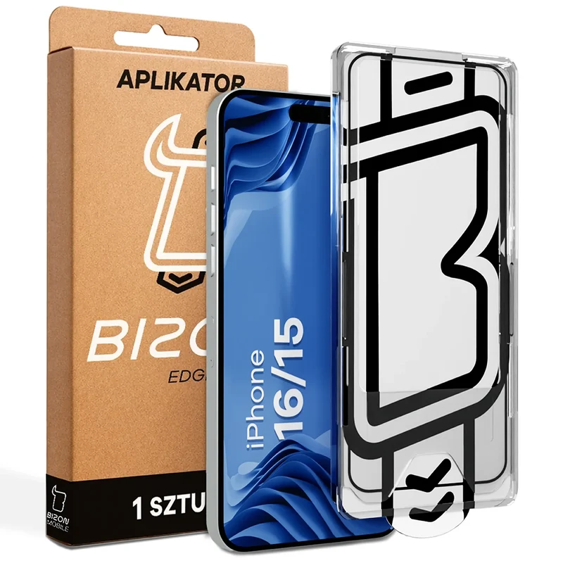 Gehärtetes Glas mit Applikationsrahme für iPhone 15 / 16, Bizon Glass Aplikator Edge, 1 Set