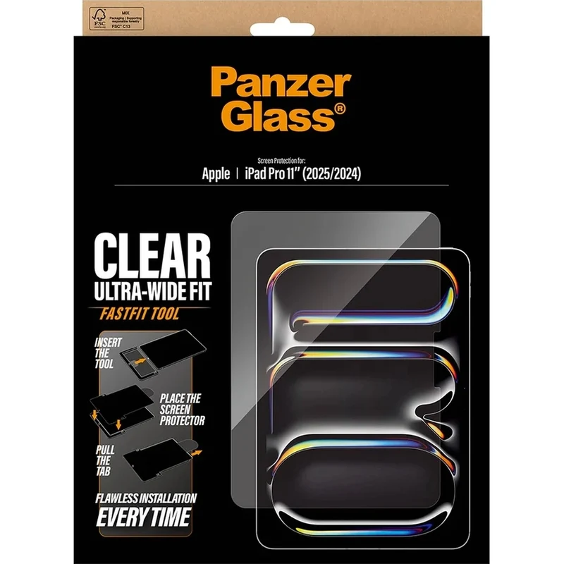 Gehärtetes Glas mit Applikator für iPad Pro 11 (M5 / M4) 2025 / 2024, PanzerGlass Clear Ultra-Wide Fit FastFit