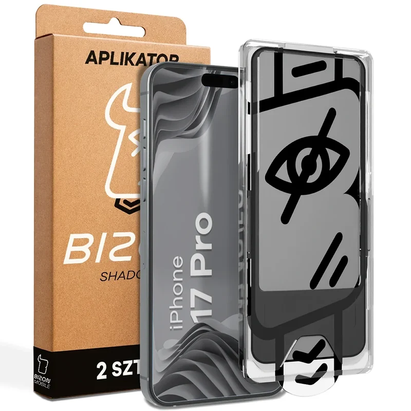 Gehärtetes Glas mit Privatschutzfilter und Applikationsrahmen für iPhone 17 Pro, Bizon Glass Aplikator Shadow, 2 Sets