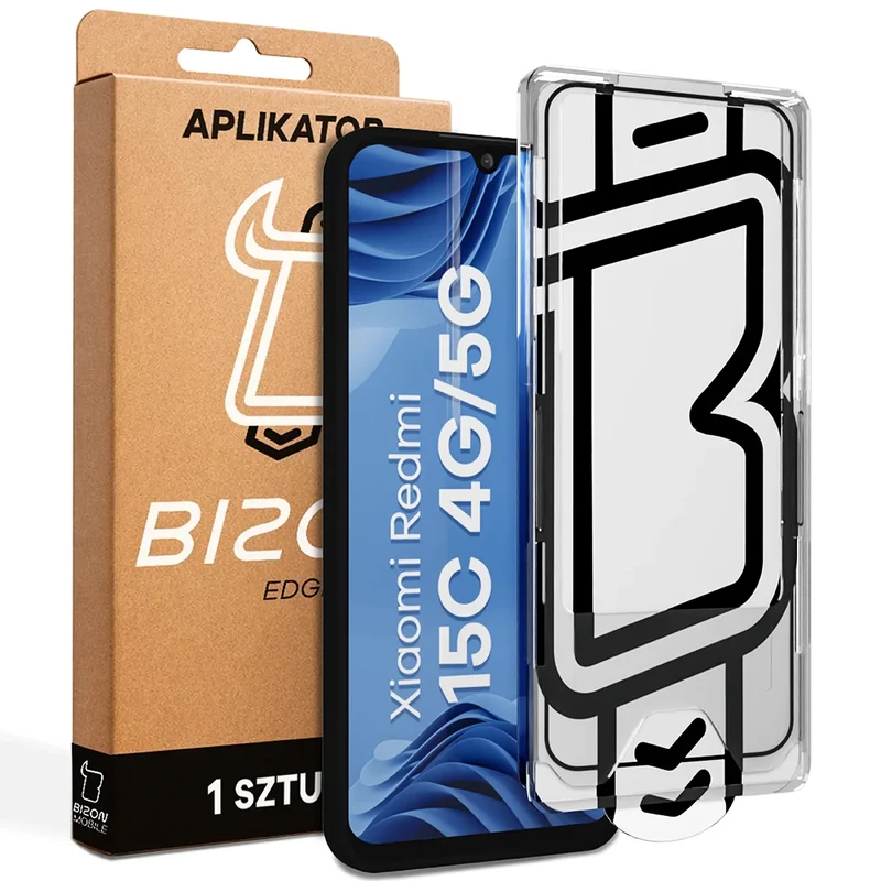 Gehärtetes Glas mit Applikationsrahme für Xiaomi Redmi 15C 4G / 5G, Bizon Glass Aplikator Edge, 1 Set