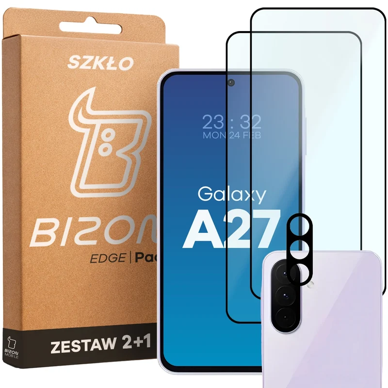 Gehärtetes Glas - 2 Stück + Kameraschutz für Galaxy A27 5G, Bizon Glass Edge Pack, Schwarz