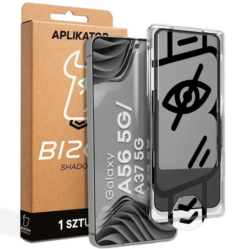 Gehärtetes Glas mit Privatschutzfilter und Applikationsrahmen für Galaxy A56 5G / A37 5G, Bizon Glass Aplikator Shadow, 1 Set