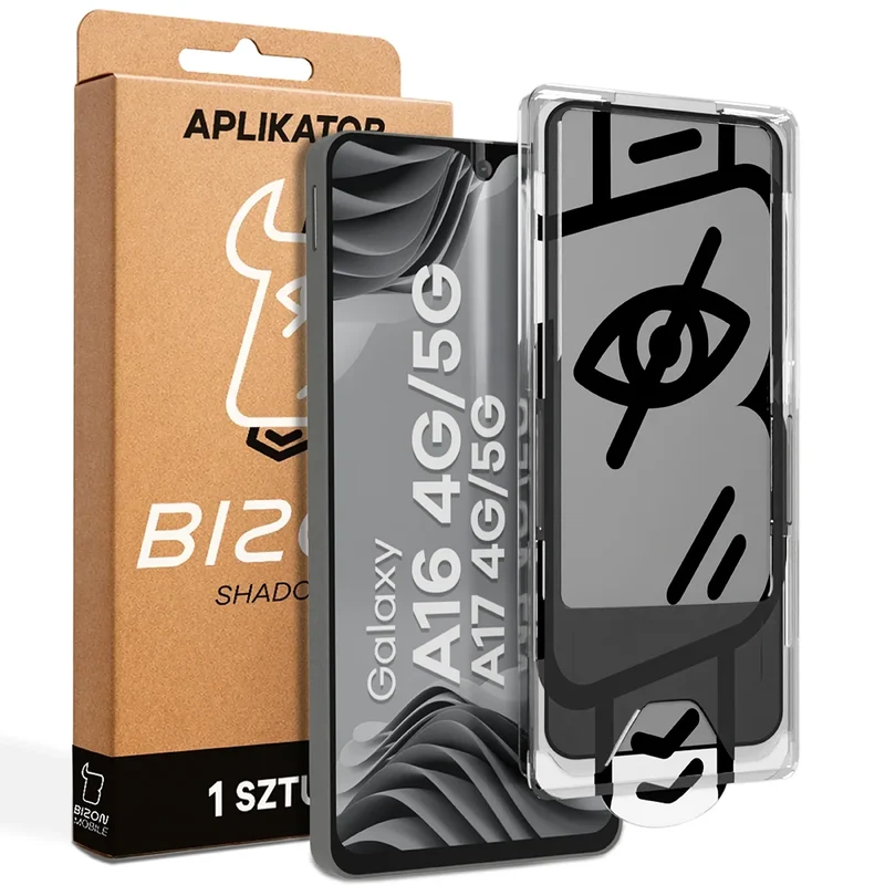 Gehärtetes Glas mit Privatschutzfilter und Applikationsrahmen für Galaxy A16 / A17, Bizon Glass Aplikator Shadow, 1 Set