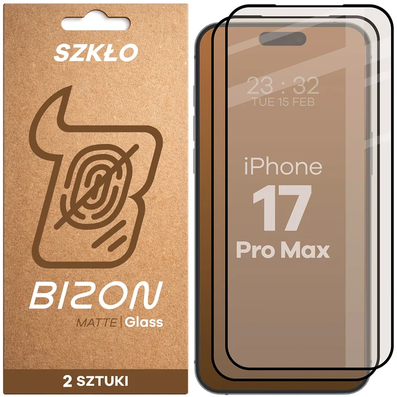 Mattes Hartglas für iPhone 17 Pro Max, Bizon Glass Matte Duo, Schwarzer Rahmen, 2 Stück