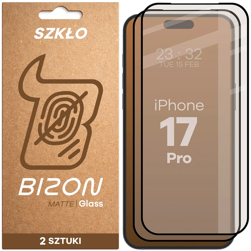 Mattes Hartglas für iPhone 17 Pro, Bizon Glass Matte Duo, Schwarzer Rahmen, 2 Stück
