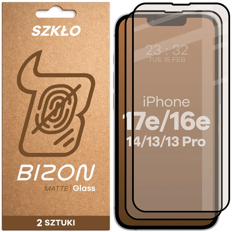Mattes Hartglas für iPhone 17e / 16e / 14 / 13 Pro / 13, Bizon Glass Matte Duo, Schwarzer Rahmen, 2 Stück