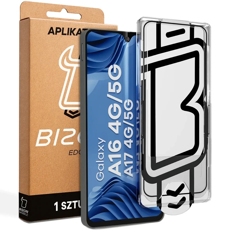 Gehärtetes Glas mit Applikationsrahme für Galaxy A16 / A17, Bizon Glass Aplikator Edge, 1 Set