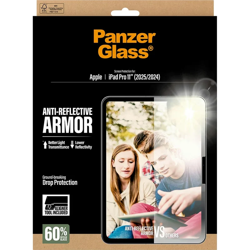 Gehärtetes Glas mit entspiegeltes mit Applikator für iPad Pro 11" 2025 / 2024, PanzerGlass Anti-Reflective Armor Aligner