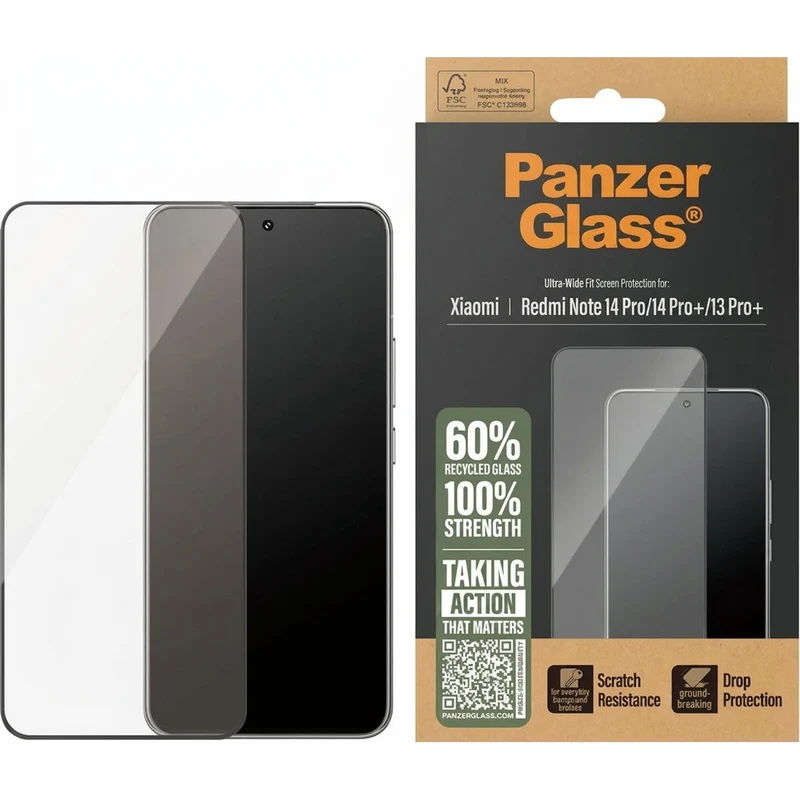 Gehärtetes Glas für Xiaomi Redmi Note 14 Pro Plus 5G / 14 Pro 5G / 13 Pro Plus 5G, PanzerGlass Ultra-Wide Fit, schwarzem Rahmen