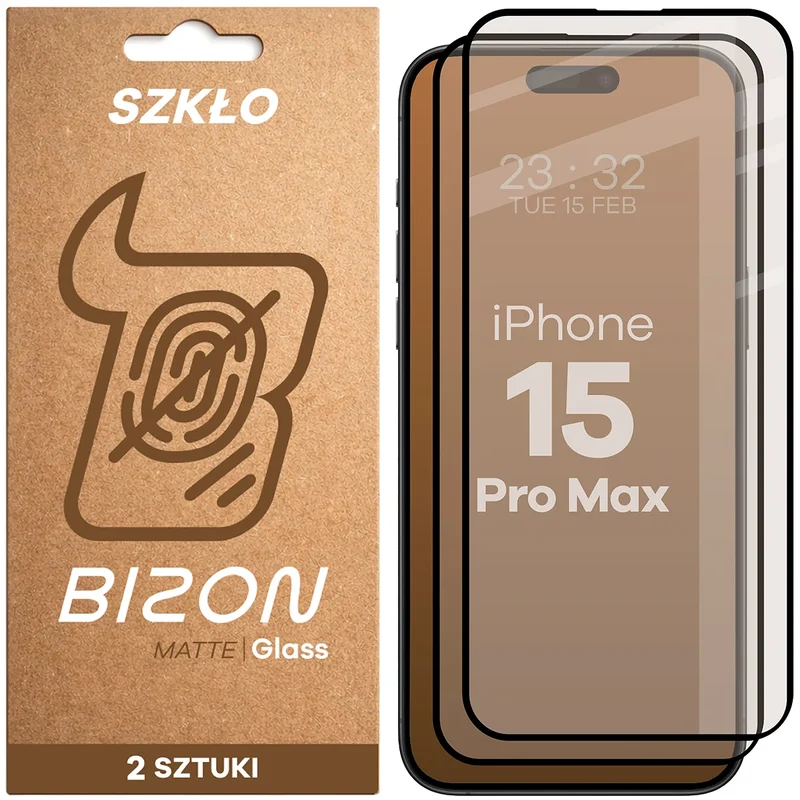 Mattes Hartglas für iPhone 15 Pro Max, Bizon Glass Matte Duo, Schwarzer Rahmen, 2 Stück