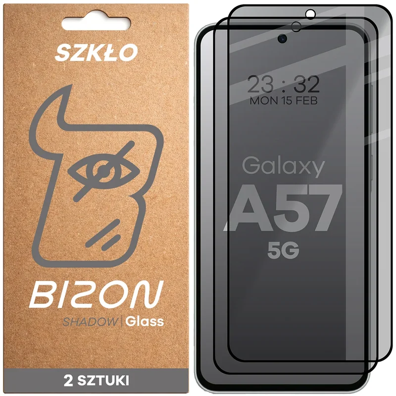 Gehärtetes Glas mit Privatschutzfilter für Galaxy A57 5G, Bizon Glass Edge Shadow Duo, getönt mit schwarzer Rahmen, 2 Stück