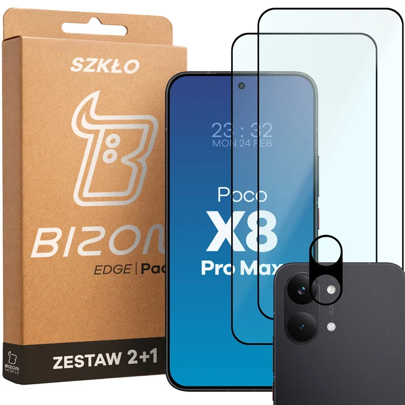 Gehärtetes Glas - 2 Stück + Kameraschutz für Xiaomi POCO X8 Pro Max, Bizon Glass Edge Pack, Schwarz