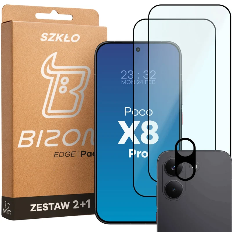 Gehärtetes Glas - 2 Stück + Kameraschutz für Xiaomi POCO X8 Pro, Bizon Glass Edge Pack, Schwarz