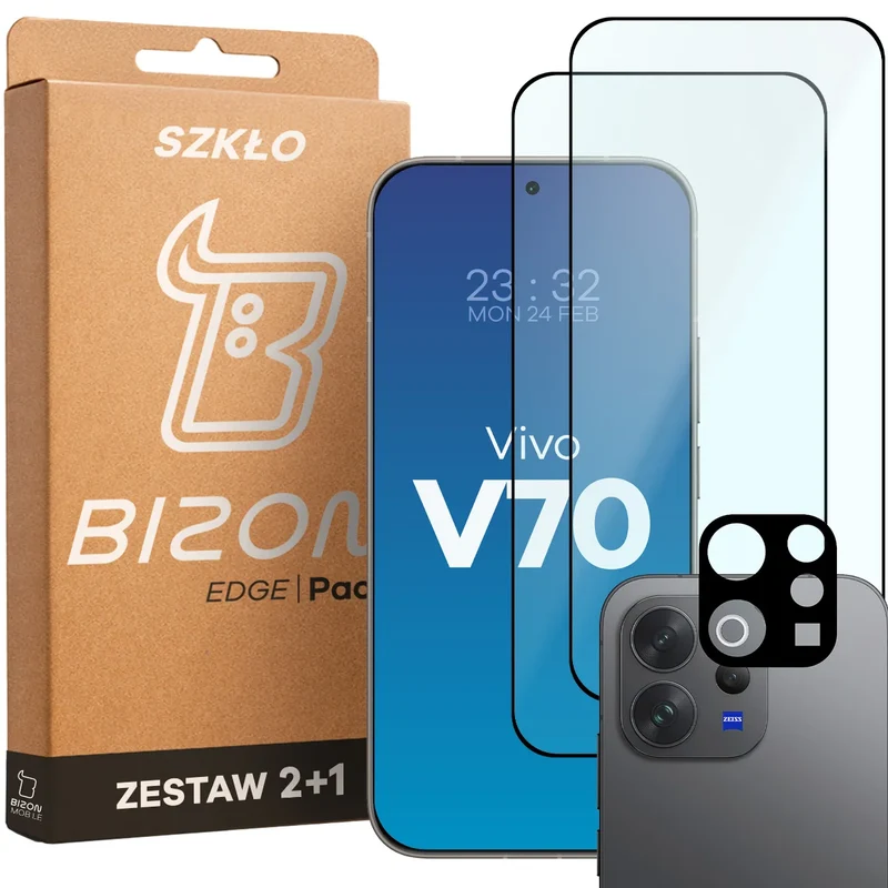 Gehärtetes Glas - 2 Stück + Kameraschutz für Vivo V70 5G, Bizon Glass Edge Pack, Schwarz