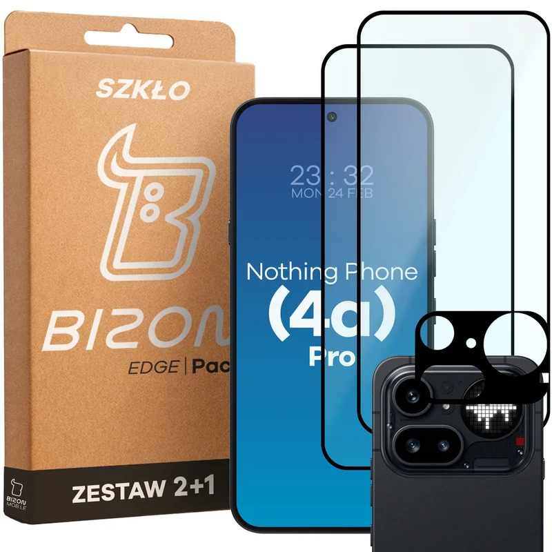 Gehärtetes Glas - 2 Stück + Kameraschutz für Nothing Phone (4a) Pro, Bizon Glass Edge Pack, Schwarz