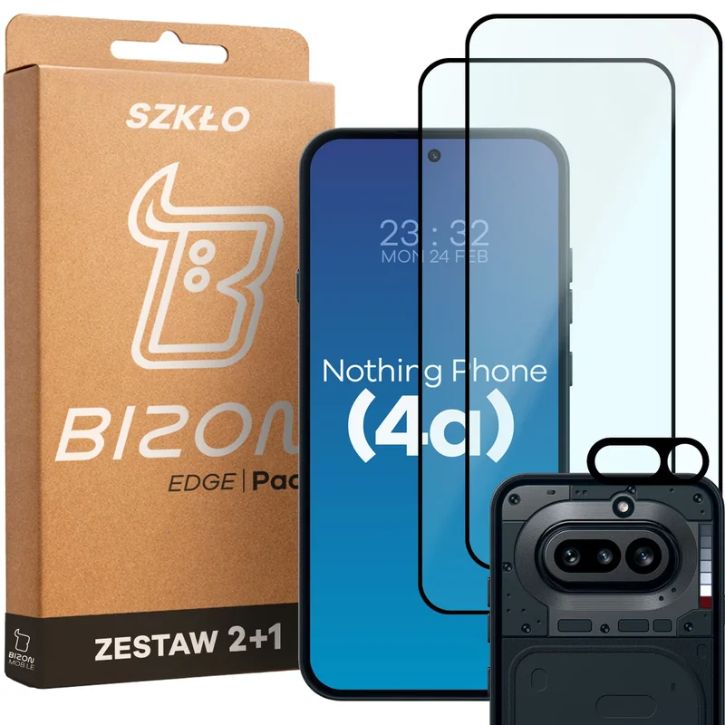 Gehärtetes Glas - 2 Stück + Kameraschutz für Nothing Phone (4a), Bizon Glass Edge Pack, Schwarz