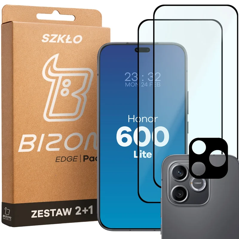 Gehärtetes Glas - 2 Stück + Kameraschutz für Honor 600 Lite 5G, Bizon Glass Edge Pack, Schwarz