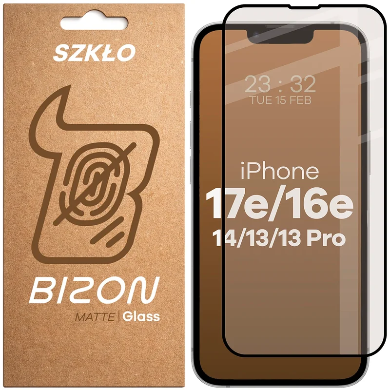 Mattes Hartglas für iPhone 17e / 16e / 14 / 13 Pro / 13, Bizon Glass Matte, Schwarzer Rahmen