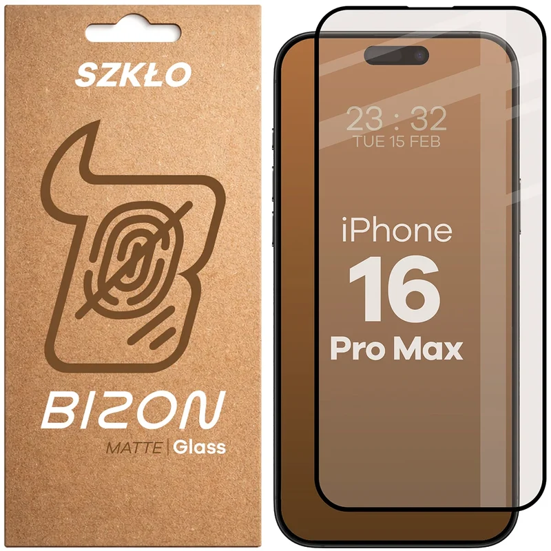 Mattes Hartglas für iPhone 16 Pro Max, Bizon Glass Matte, Schwarzer Rahmen