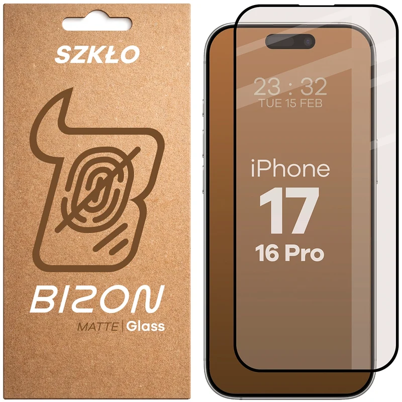 Mattes Hartglas für iPhone 16 Pro / 17, Bizon Glass Matte, Schwarzer Rahmen