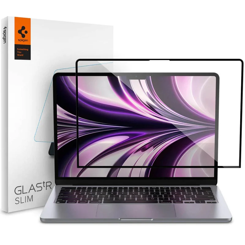 Glas für die Schutzhülle Spigen Glas.tR Slim FC für MacBook Air 13.6" M5 / M4 / M3 / M2, schwarzer Rahmen