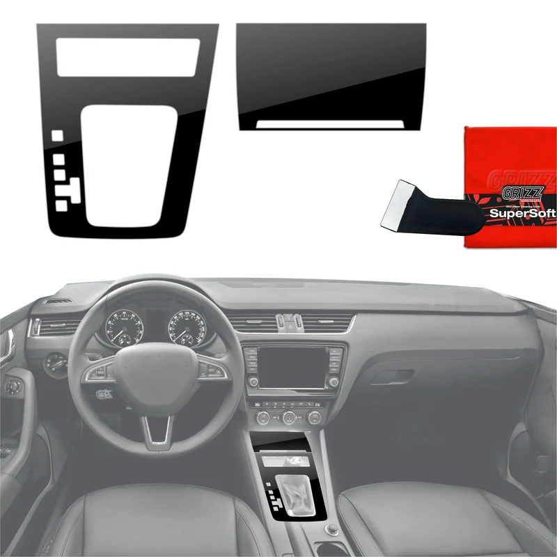 2in1 Schutzfolien Grizz Protector für Mittelkonsole - Skoda Octavia 3 DSG (2017-2020) Schwarz Glanz