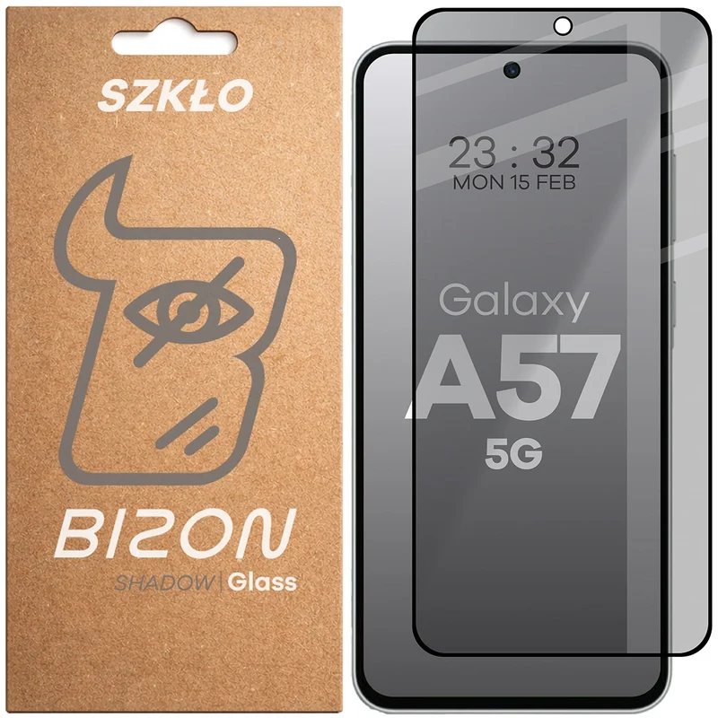 Gehärtetes Glas mit Privatschutzfilter für Galaxy A57 5G, Bizon Glass Edge Shadow, getönt mit schwarzer Rahmen
