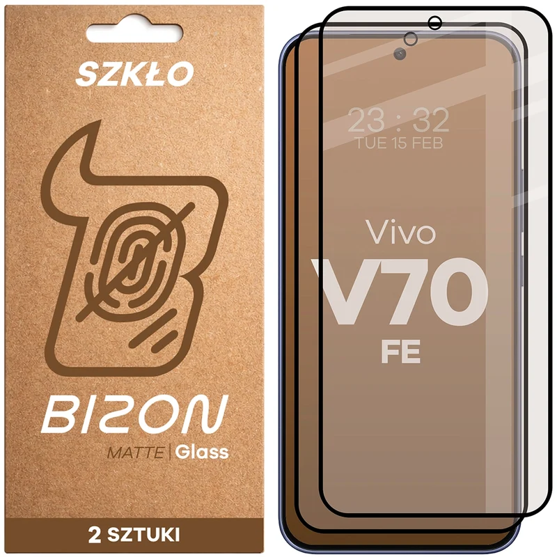 Mattes Hartglas für Vivo V70 FE 5G, Bizon Glass Matte Duo, Schwarzer Rahmen, 2 Stück