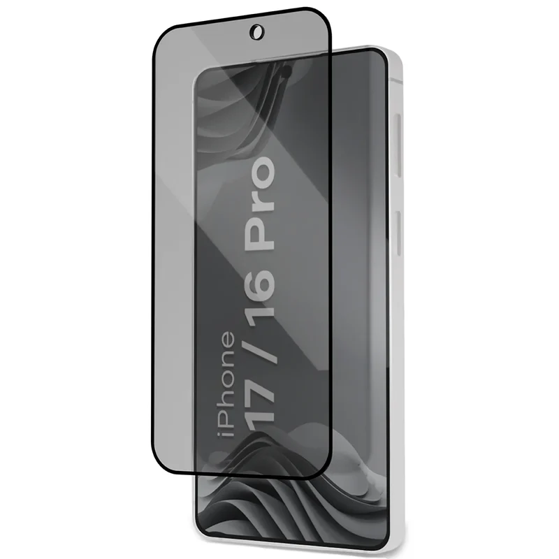 Gehärtetes Glas mit Privatschutzfilter und Applikationsrahmen für iPhone 16 Pro / 17, Bizon Glass Aplikator Shadow, 1 Set
