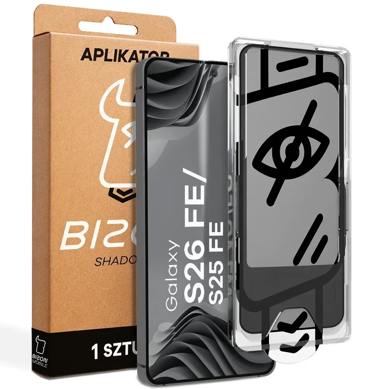 Gehärtetes Glas mit Privatschutzfilter und Applikationsrahmen für Galaxy S26 FE / S25 FE, Bizon Glass Aplikator Shadow, 1 Set