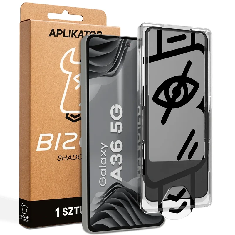 Gehärtetes Glas mit Privatschutzfilter und Applikationsrahmen für Galaxy A36 5G, Bizon Glass Aplikator Shadow, 1 Set