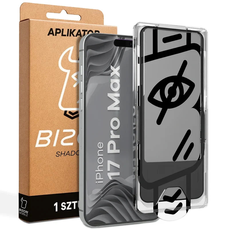 Gehärtetes Glas mit Privatschutzfilter und Applikationsrahmen für iPhone 17 Pro Max, Bizon Glass Aplikator Shadow, 1 Set