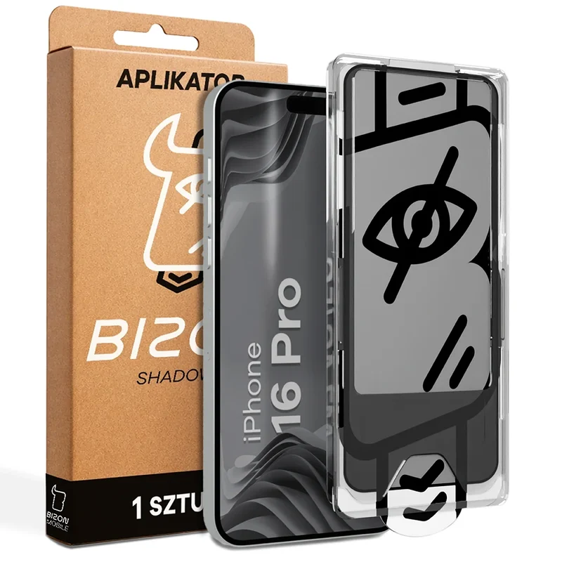 Gehärtetes Glas mit Privatschutzfilter und Applikationsrahmen für iPhone 16 Pro, Bizon Glass Aplikator Shadow, 1 Set