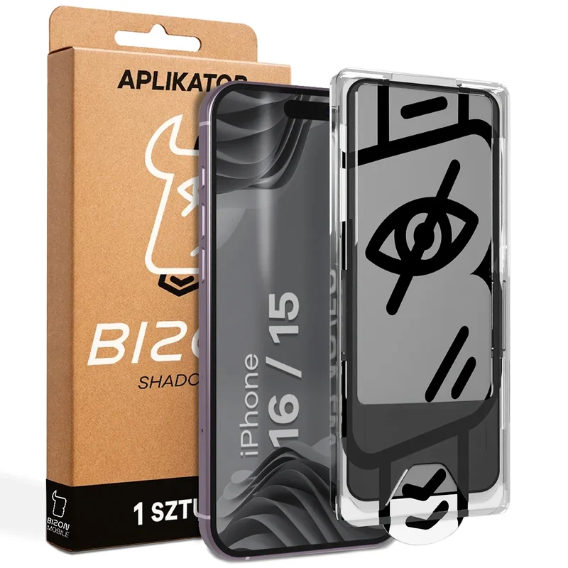 Gehärtetes Glas mit Privatschutzfilter und Applikationsrahmen für iPhone 15 / 16, Bizon Glass Aplikator Shadow, 1 Set