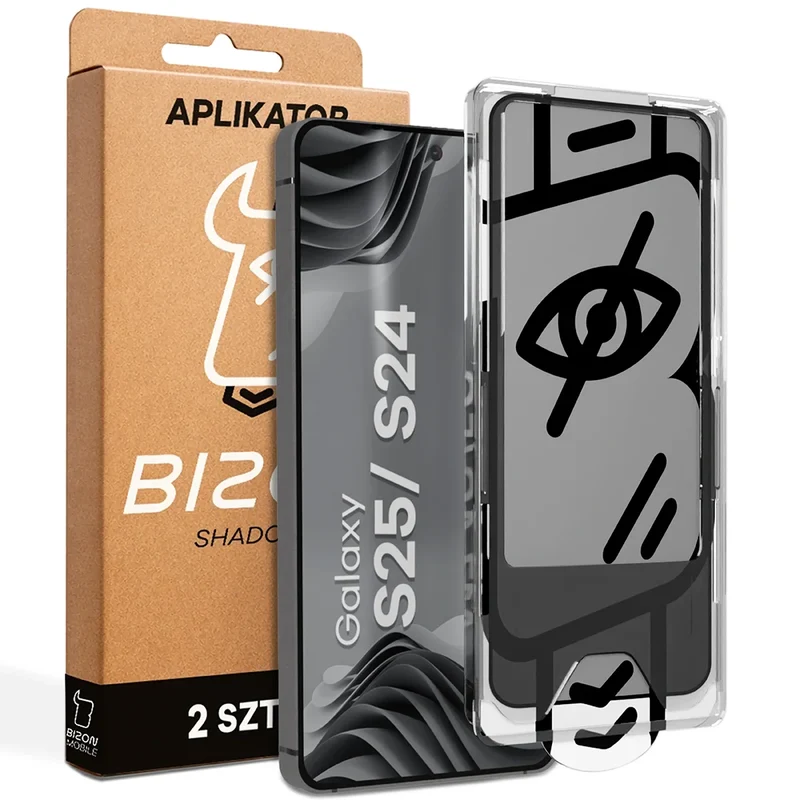 Gehärtetes Glas mit Privatschutzfilter und Applikationsrahmen für Galaxy S25 / S24, Bizon Glass Aplikator Shadow, 2 Sets