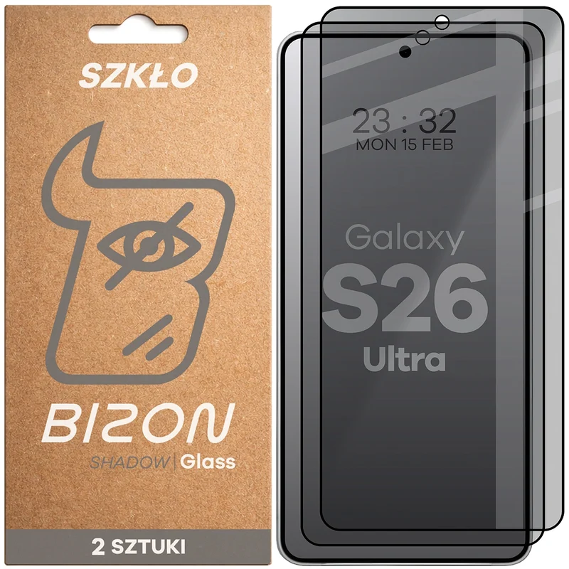 Gehärtetes Glas mit Privatschutzfilter für Galaxy S26 Ultra, Bizon Glass Edge Shadow Duo, getönt mit schwarzer Rahmen, 2 Stück
